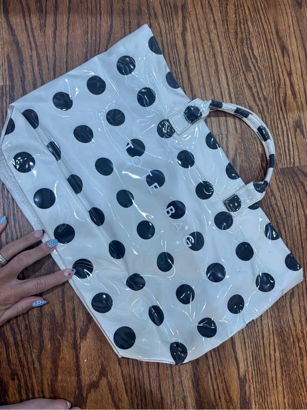 The Tote Bag Womens White Black Polka Dots Tote Handbag New Vinyl